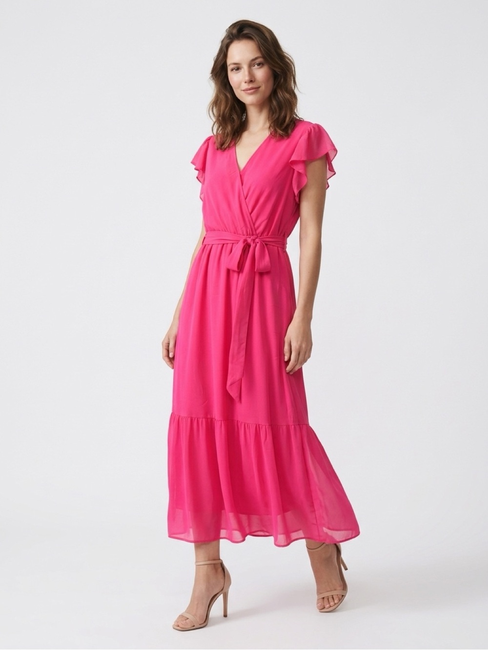 Bright Pink Wrap Midi Dress with Tie Waist